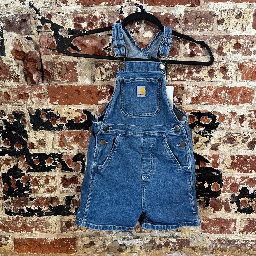 Carhartt Girls 8 blue Jean Short denim bibs overalls Farm